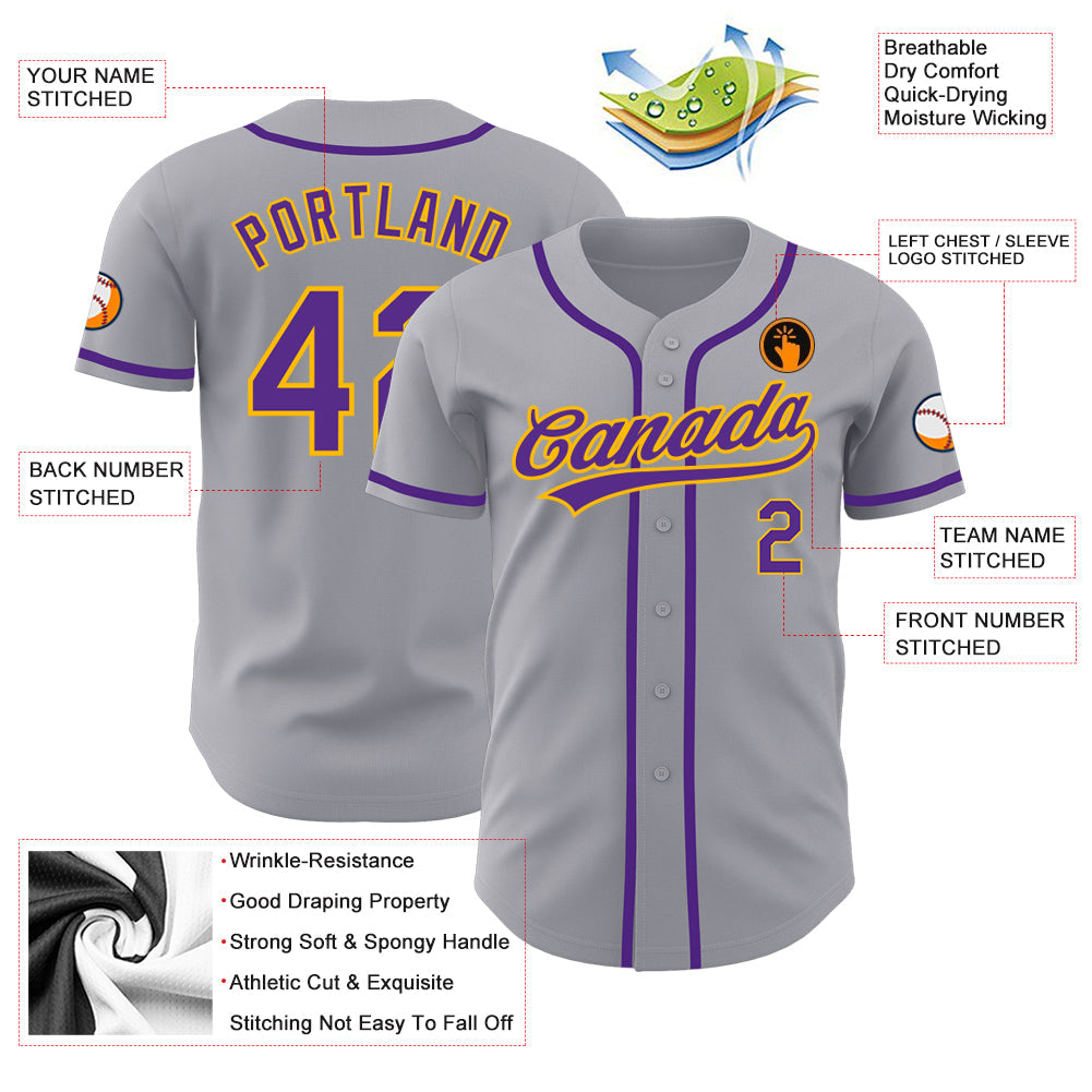 Custom Gray Purple-Gold Authentic Baseball Jersey view 3