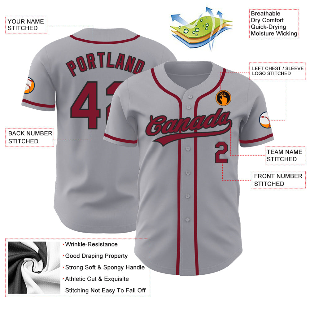 Custom Gray Crimson-Black Authentic Baseball Jersey view 3