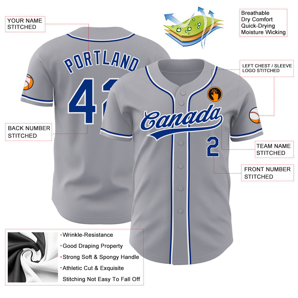 Custom Gray Royal-White Authentic Baseball Jersey view 3