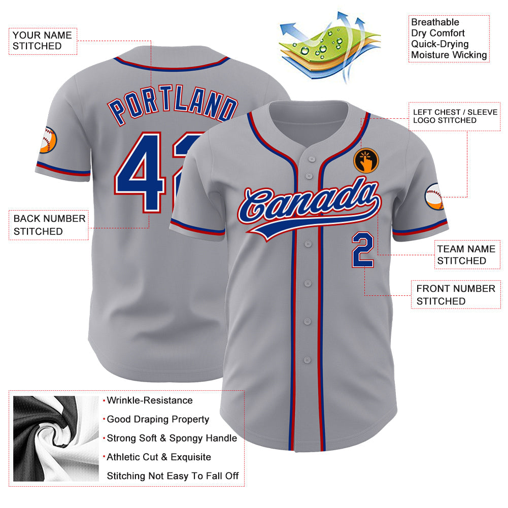 Custom Gray Royal-Red Authentic Baseball Jersey view 3