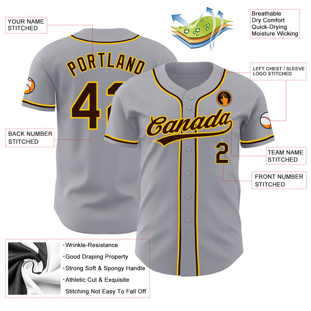 Custom Gray Brown-Gold Authentic Baseball Jersey view 3