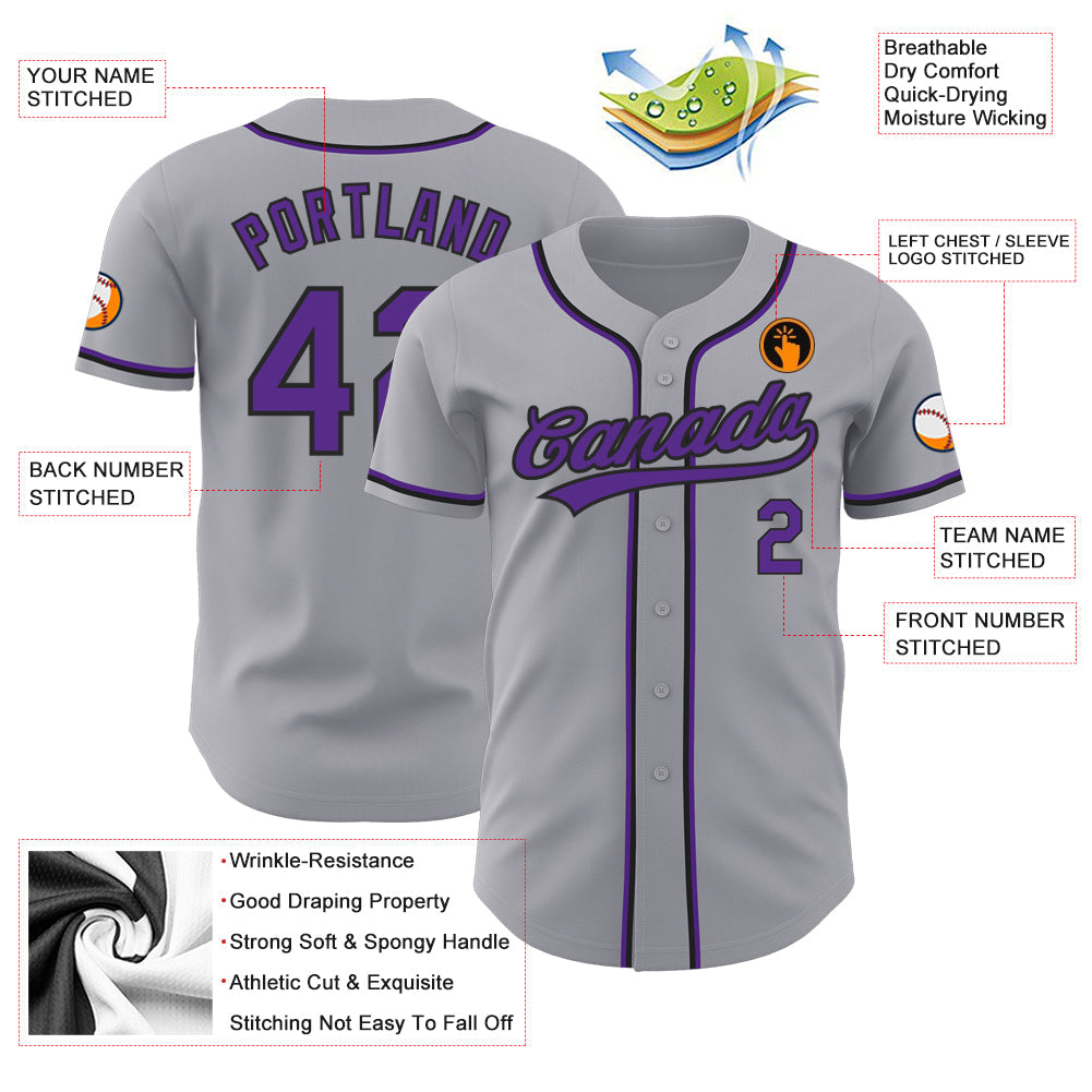 Custom Gray Purple-Black Authentic Baseball Jersey view 3
