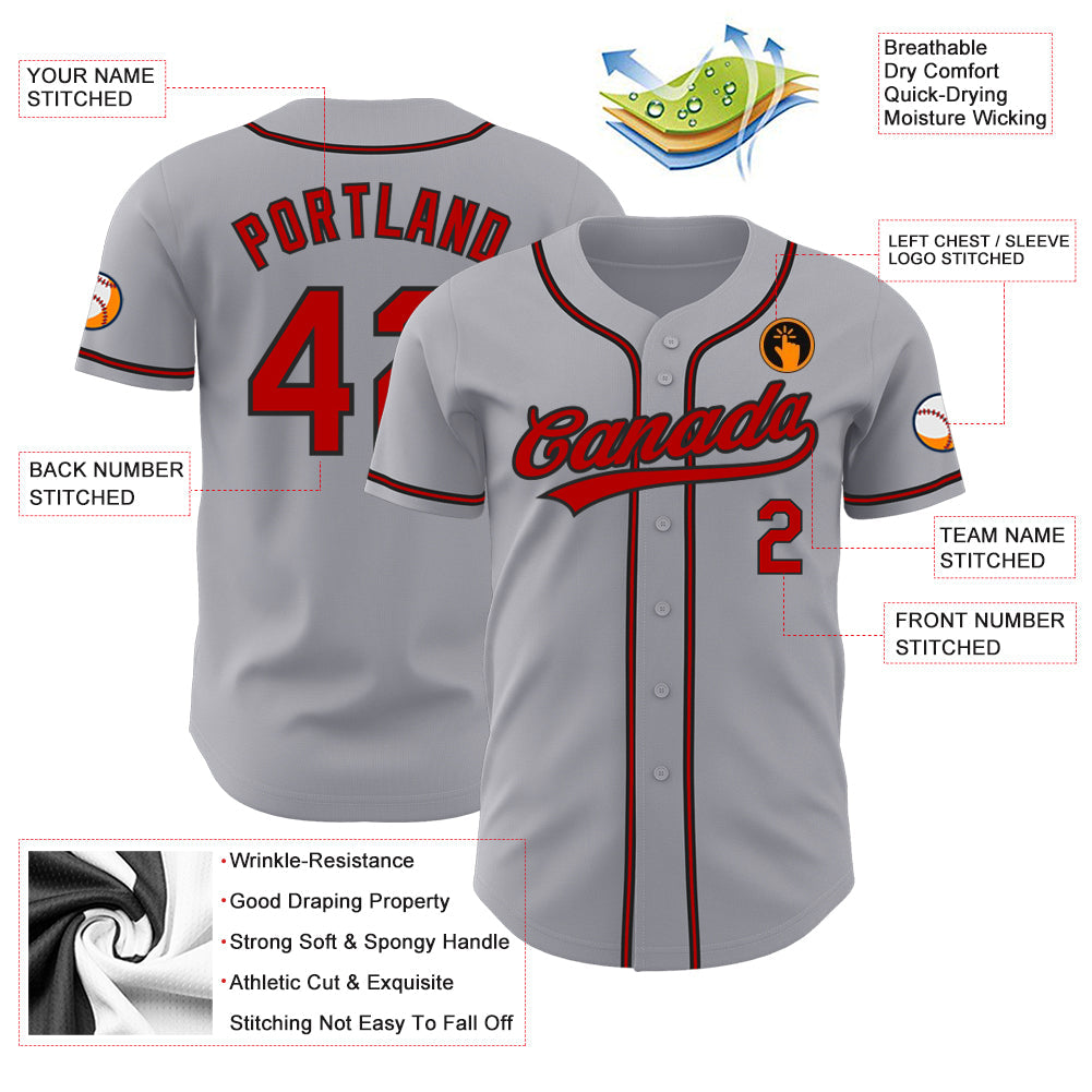 Custom Gray Red-Black Authentic Baseball Jersey view 3