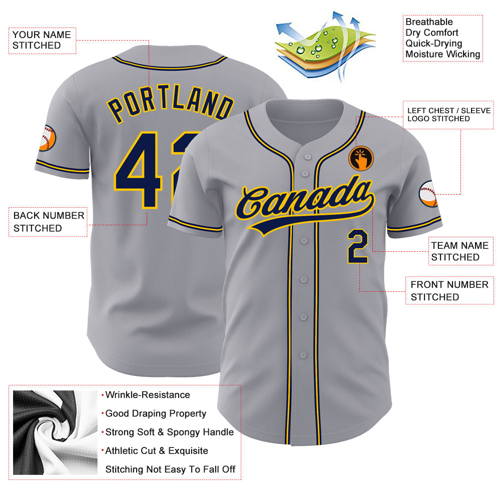 Custom Gray Navy-Gold Authentic Baseball Jersey view 3