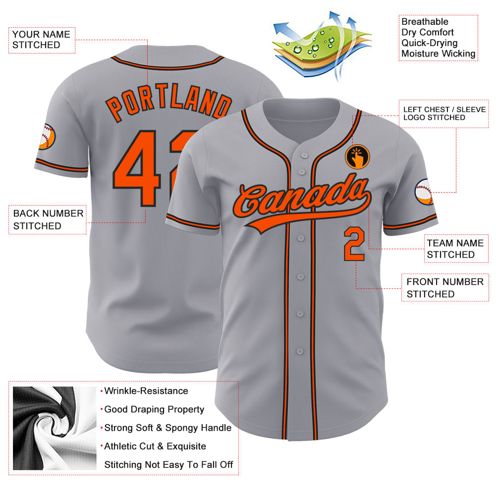 Custom Gray Orange-Black Authentic Baseball Jersey view 3