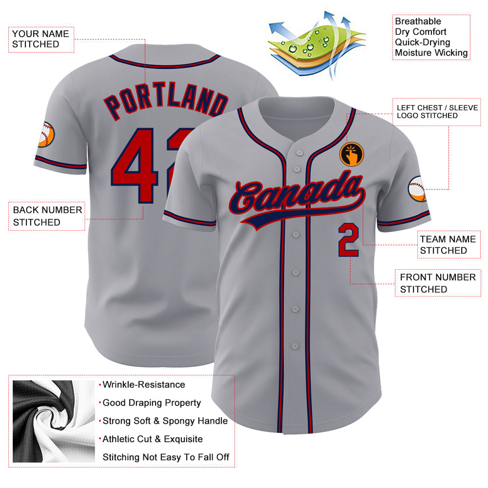 Custom Gray Red-Navy Authentic Baseball Jersey view 3
