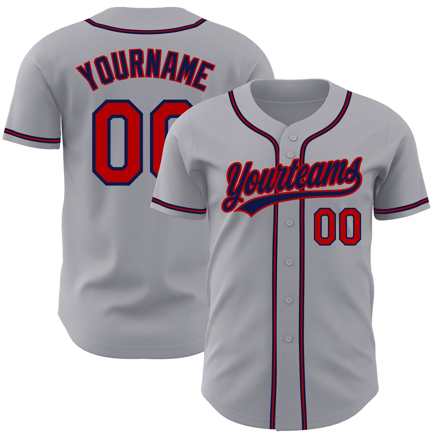 Custom Gray Red-Navy Authentic Baseball Jersey - Main View