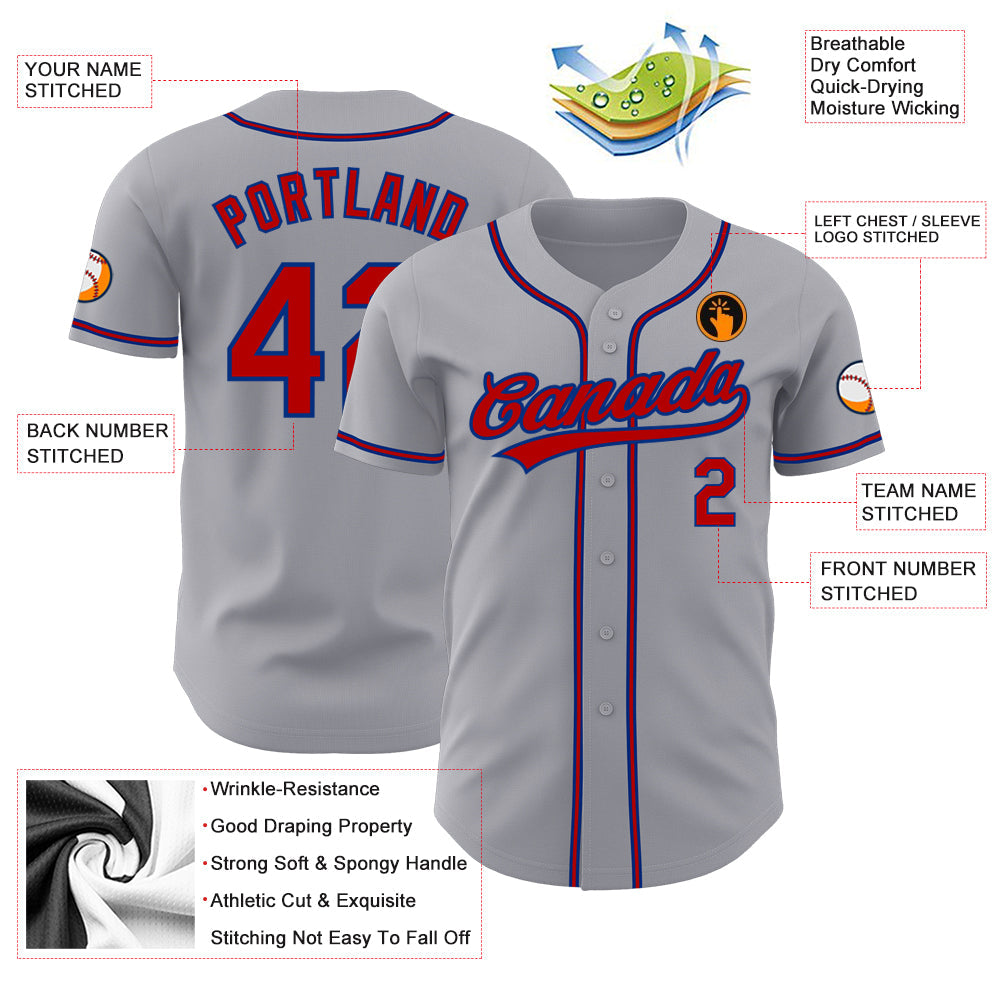 Custom Gray Red-Royal Authentic Baseball Jersey view 3