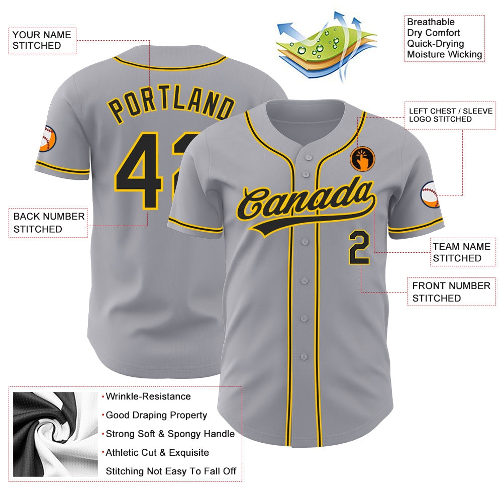 Custom Gray Black-Gold Authentic Baseball Jersey view 3