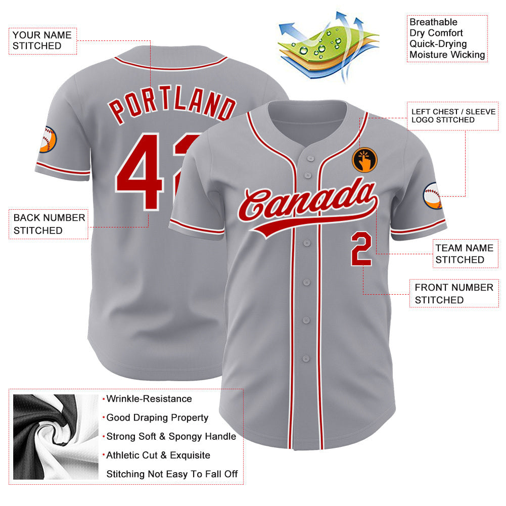 Custom Gray Red-White Authentic Baseball Jersey view 3