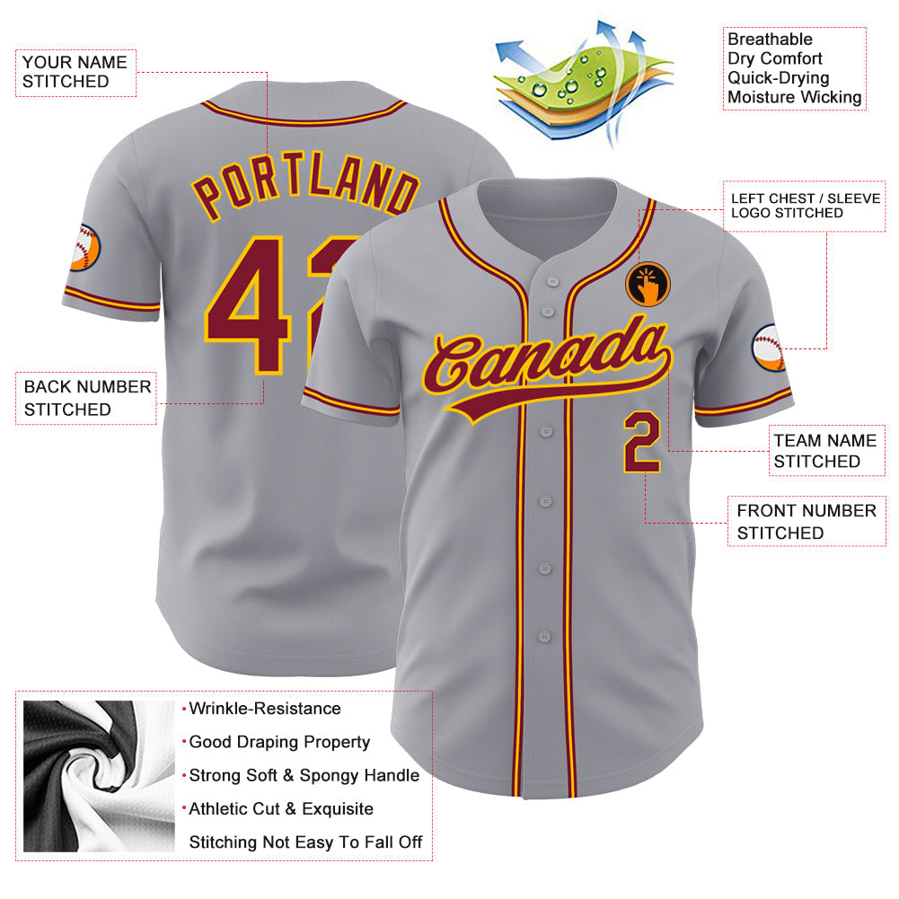 Custom Gray Crimson-Gold Authentic Baseball Jersey view 3