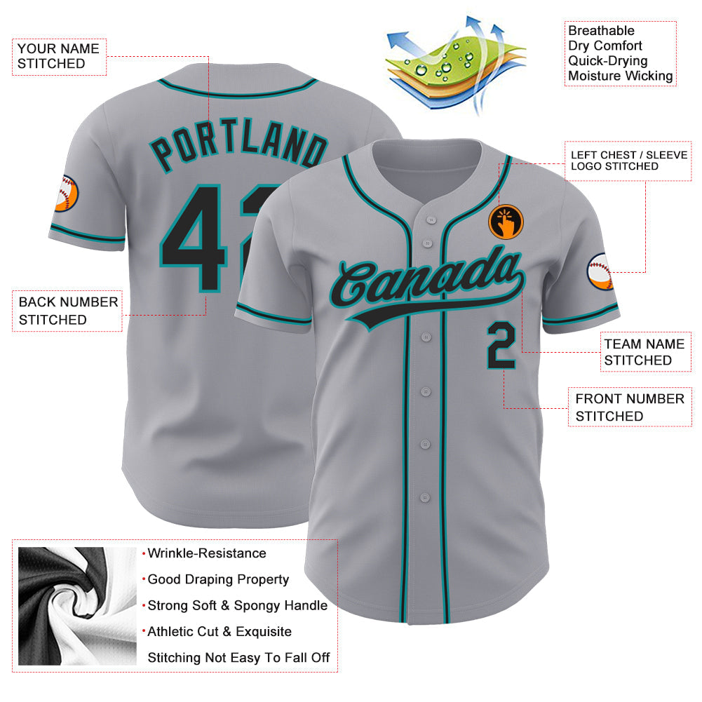 Custom Gray Black-Teal Authentic Baseball Jersey view 3