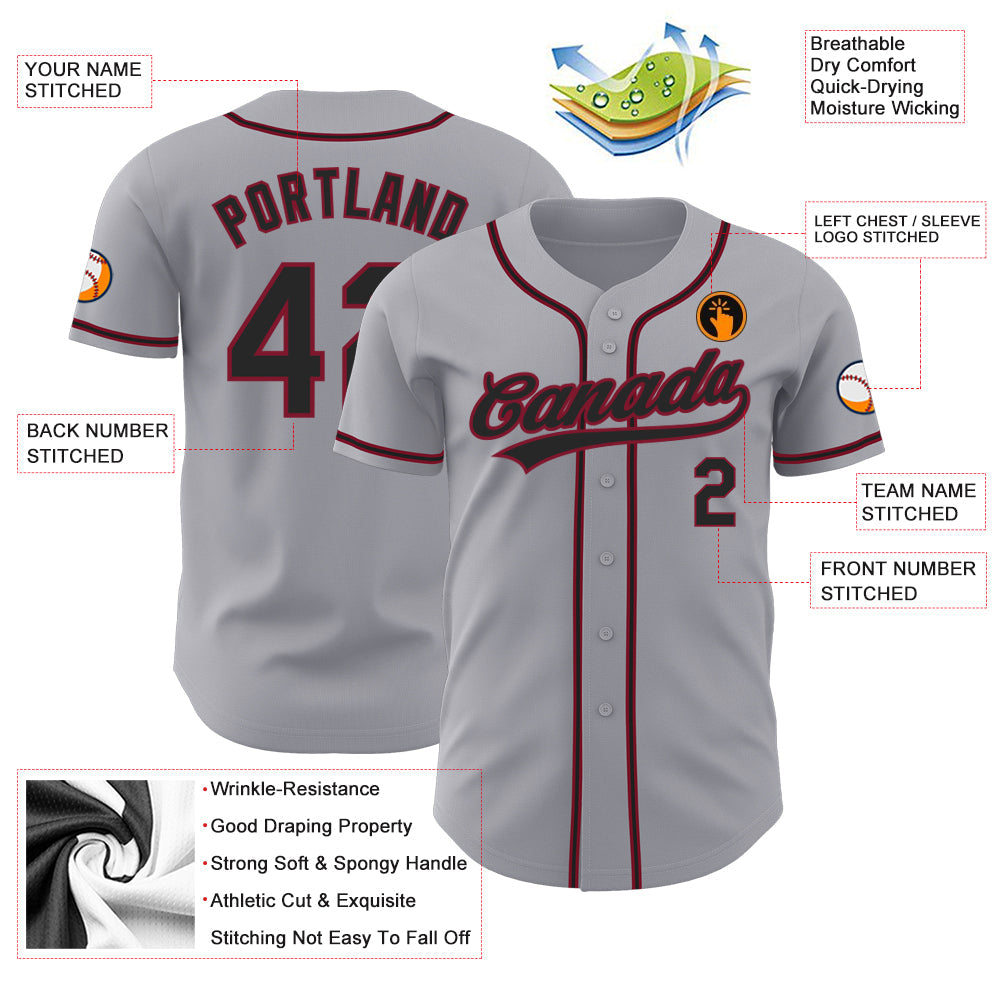 Custom Gray Black-Crimson Authentic Baseball Jersey view 3