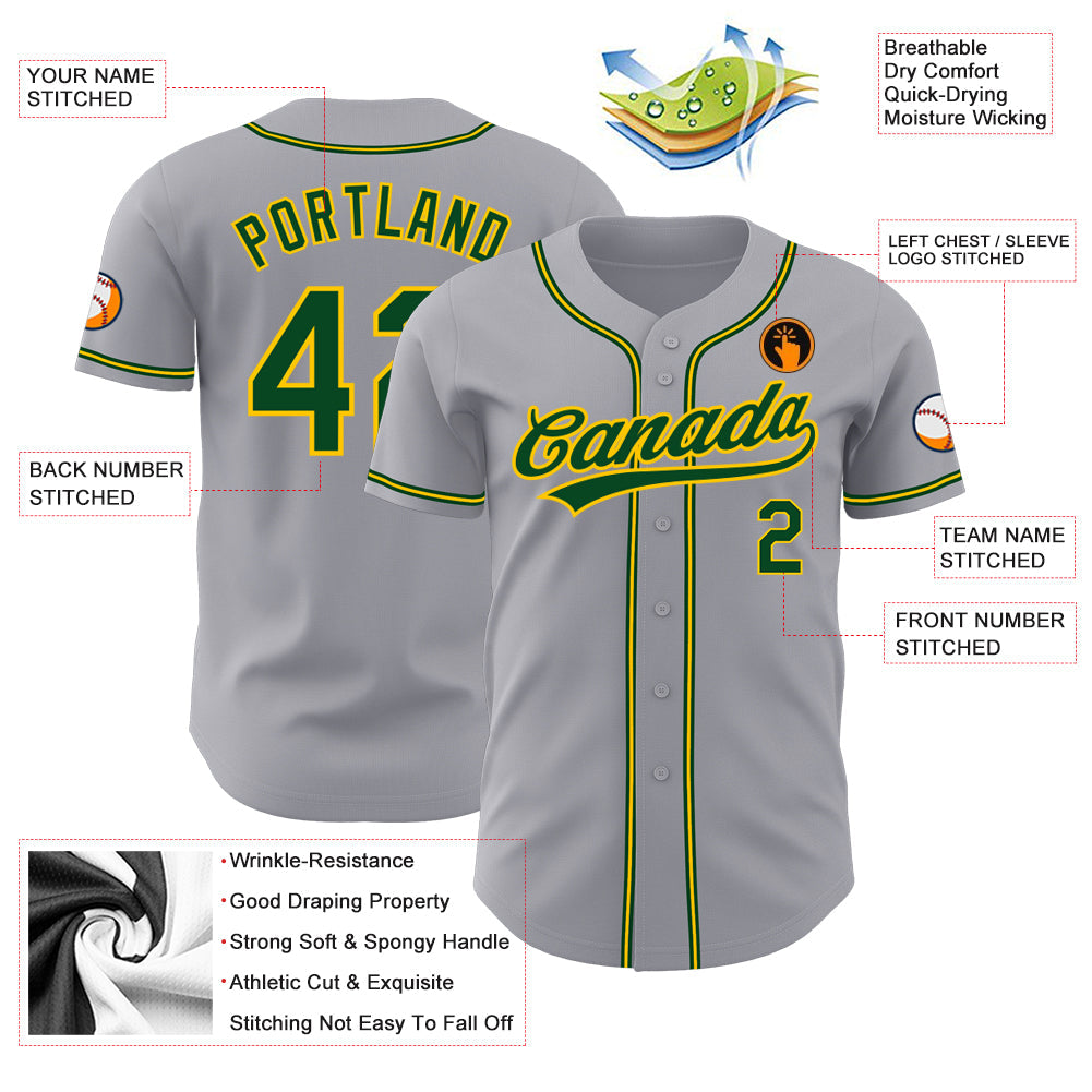 Custom Gray Green-Gold Authentic Baseball Jersey view 3
