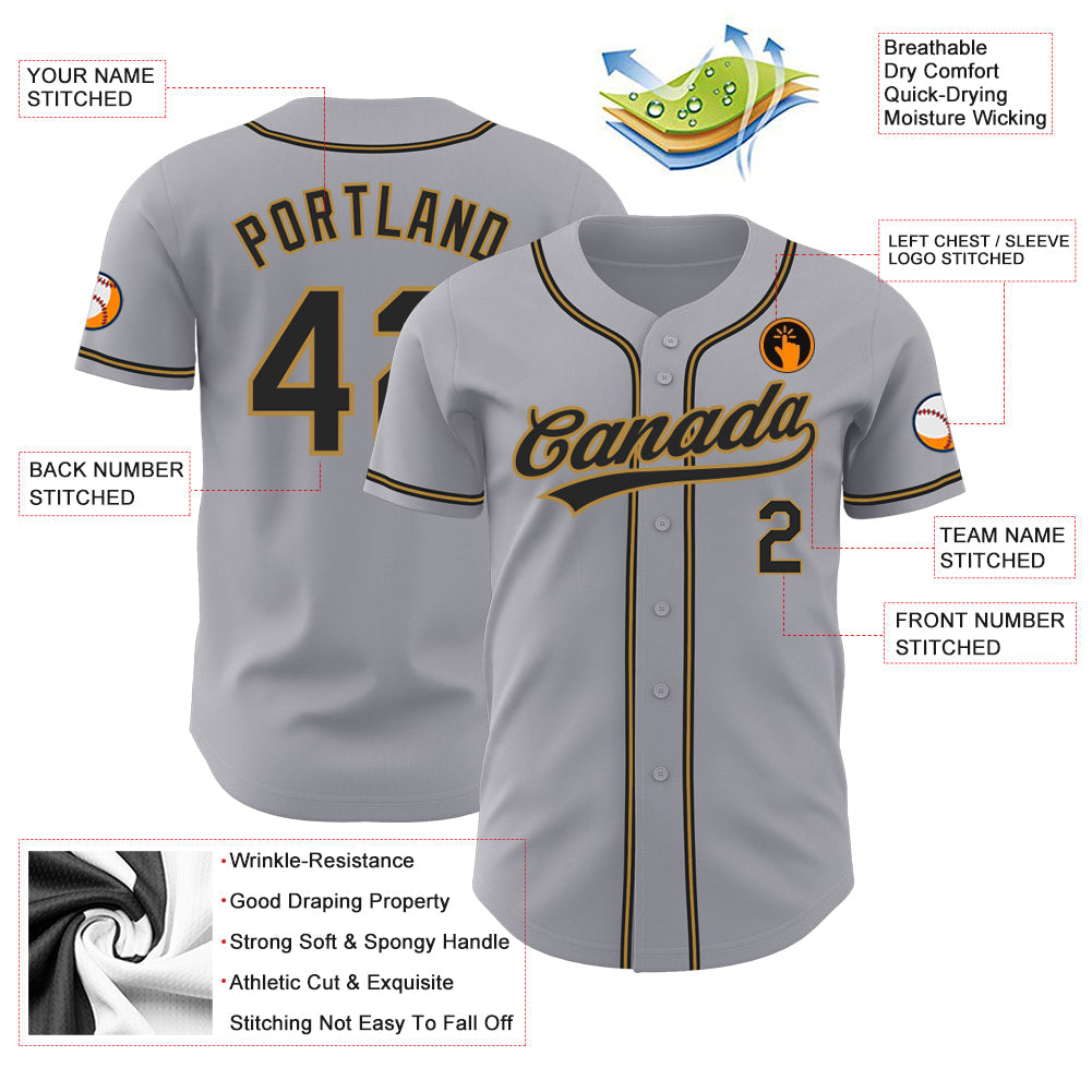 Custom Gray Black-Old Gold Authentic Baseball Jersey view 3