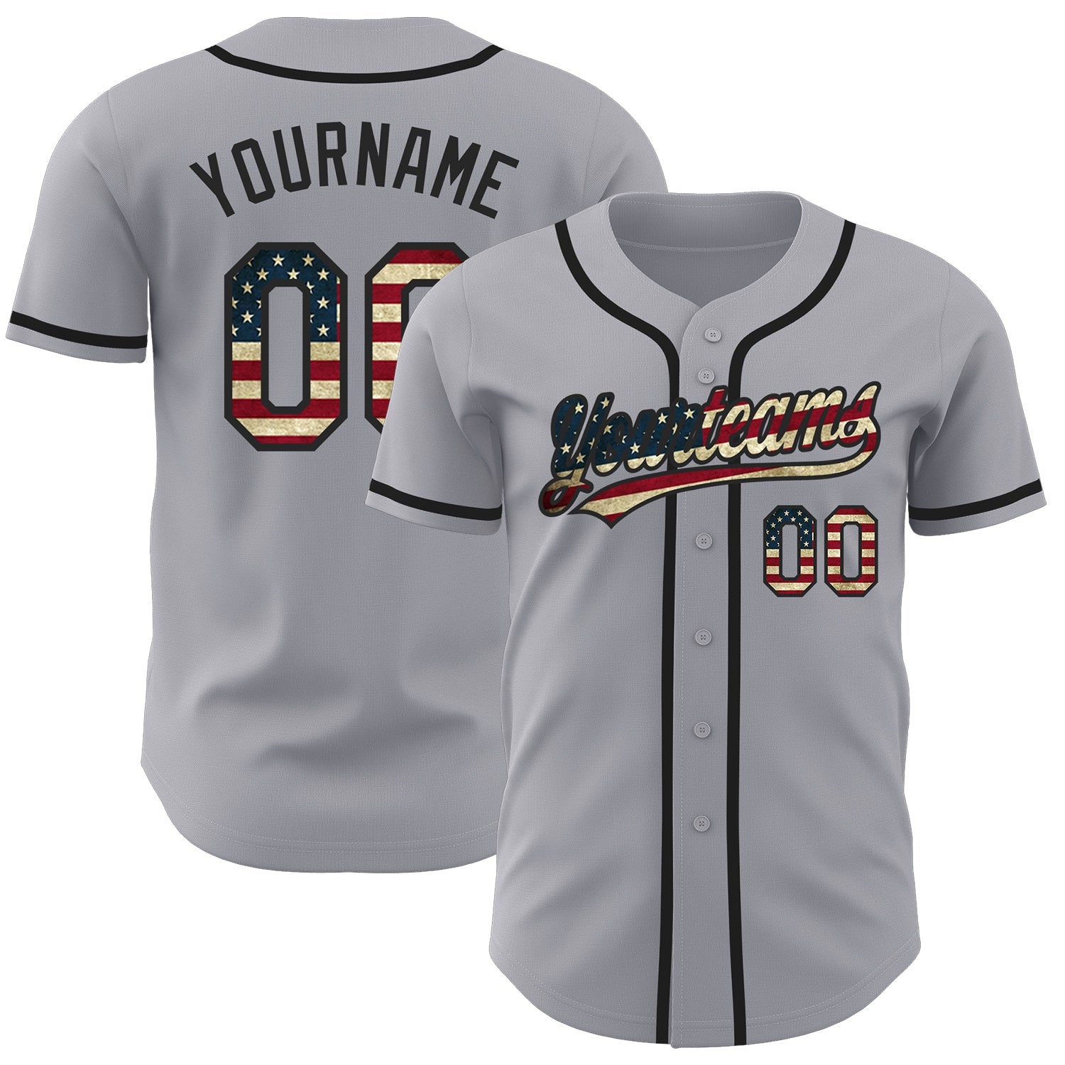 Custom Gray Vintage USA Flag-Black Authentic Baseball Jersey - Main View