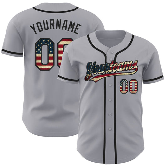 Custom Gray Vintage USA Flag-Black Authentic Baseball Jersey - Main View