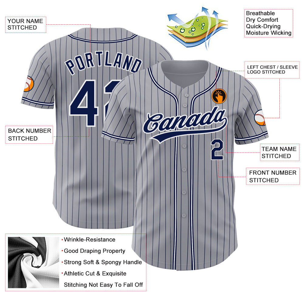 Custom Gray Navy Pinstripe Navy-White Authentic Baseball Jersey view 3
