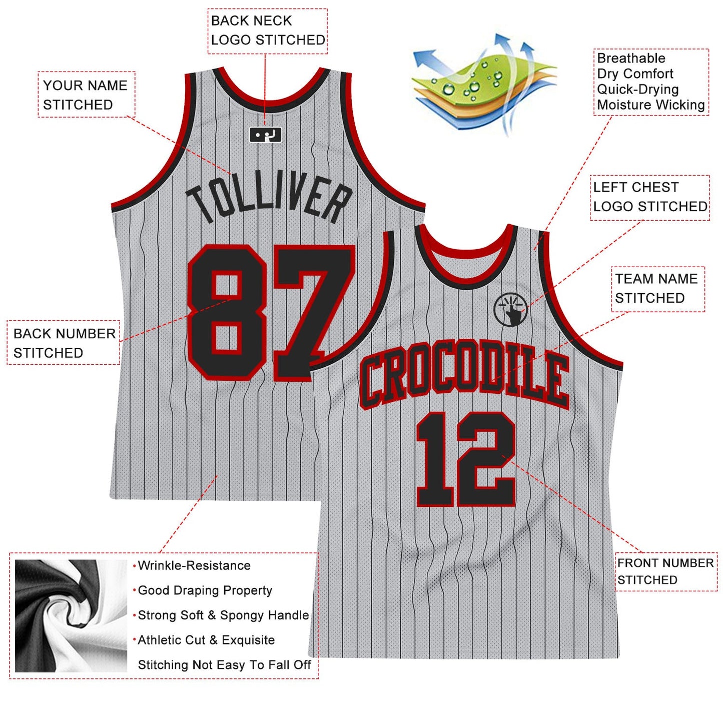 Custom Gray Black Pinstripe Black-Red Authentic Basketball Jersey view 2