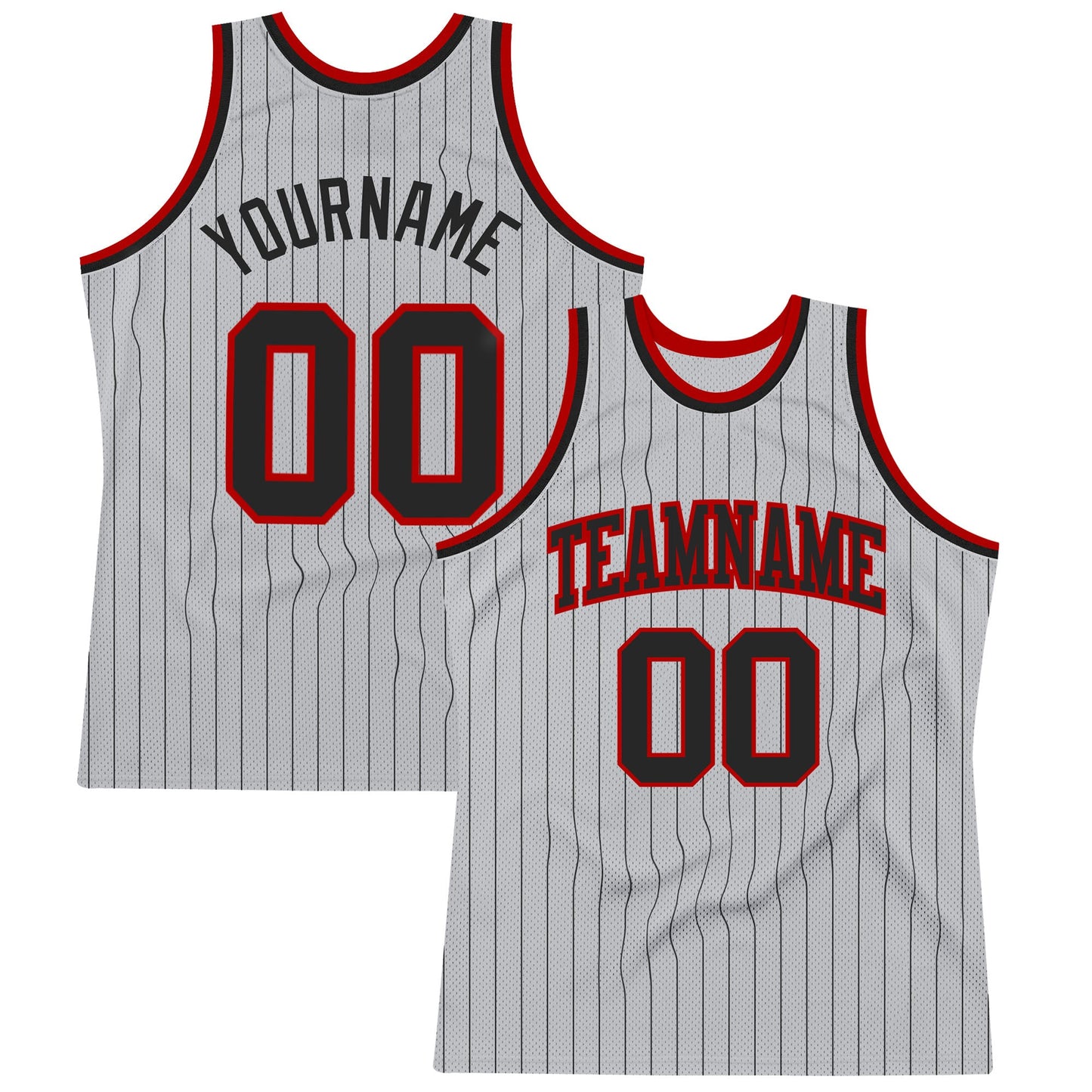 Custom Gray Black Pinstripe Black-Red Authentic Basketball Jersey - Main View