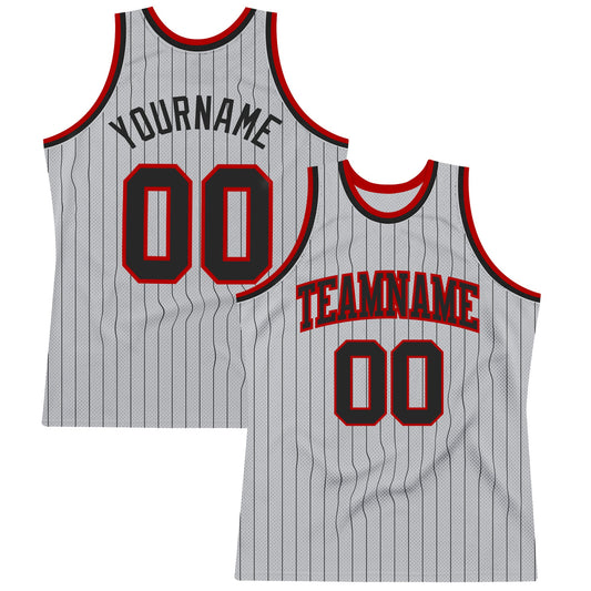Custom Gray Black Pinstripe Black-Red Authentic Basketball Jersey - Main View