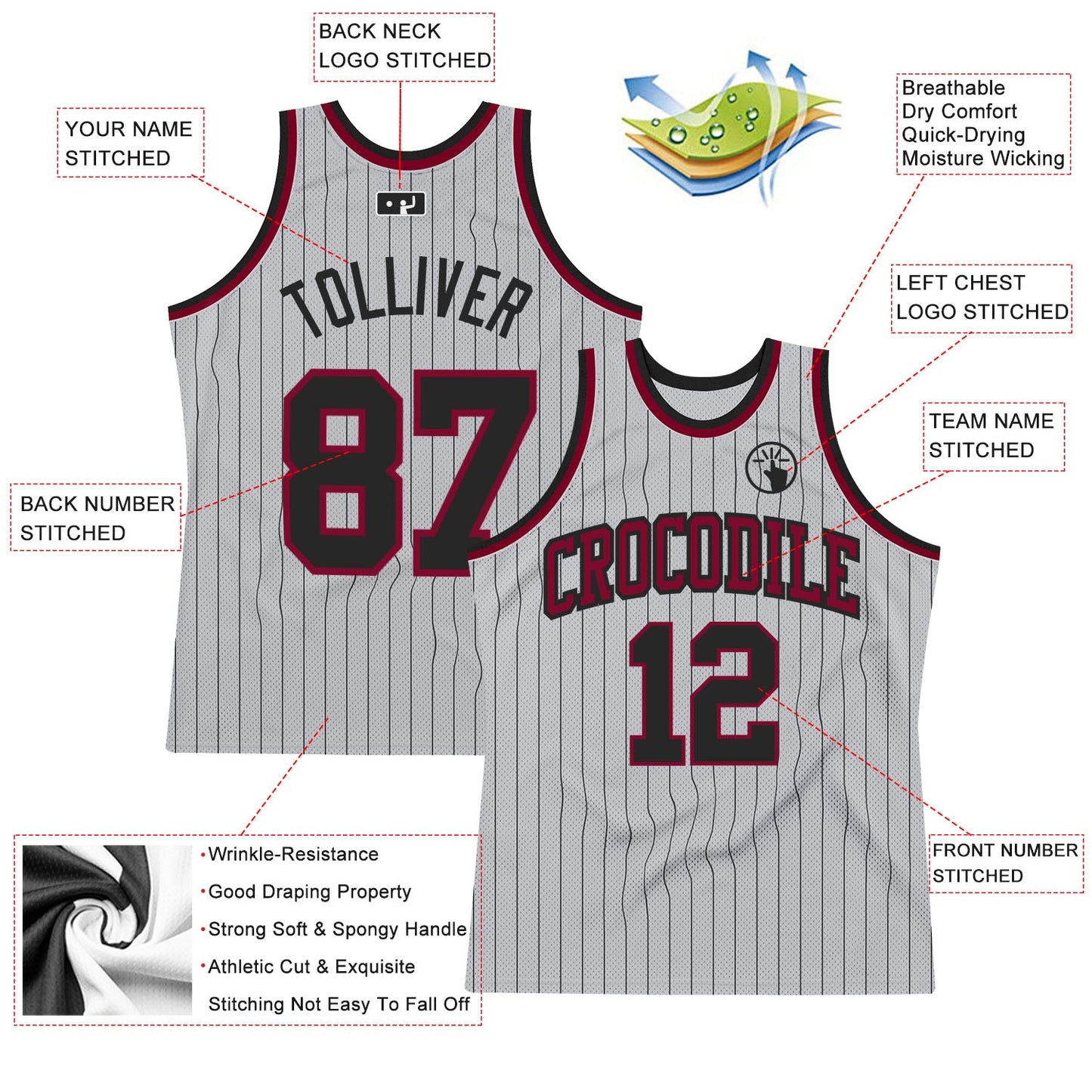Custom Gray Black Pinstripe Black-Maroon Authentic Basketball Jersey view 2