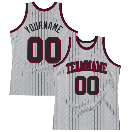 Custom Gray Black Pinstripe Black-Maroon Authentic Basketball Jersey - Main View