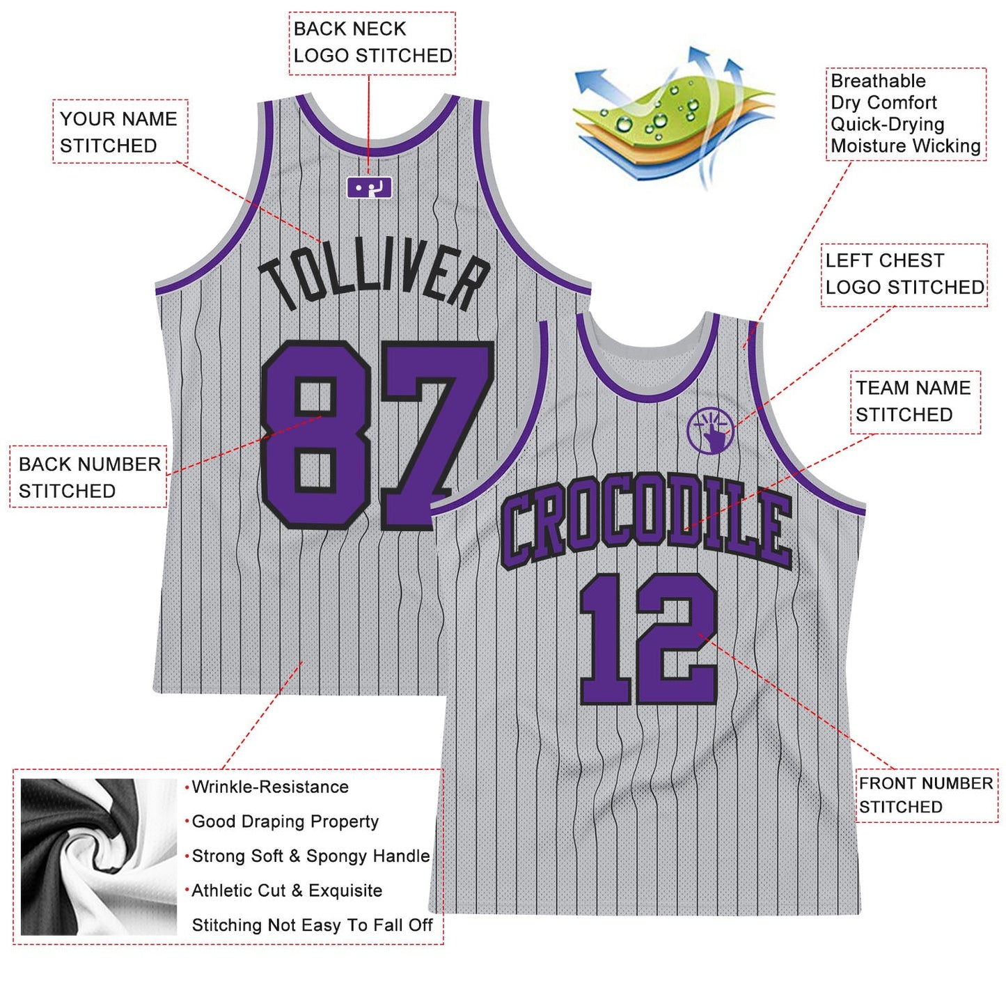 Custom Gray Black Pinstripe Purple Authentic Basketball Jersey view 2