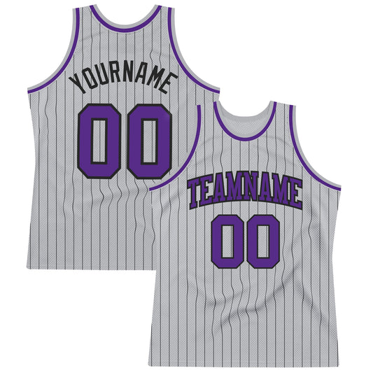Custom Gray Black Pinstripe Purple Authentic Basketball Jersey - Main View