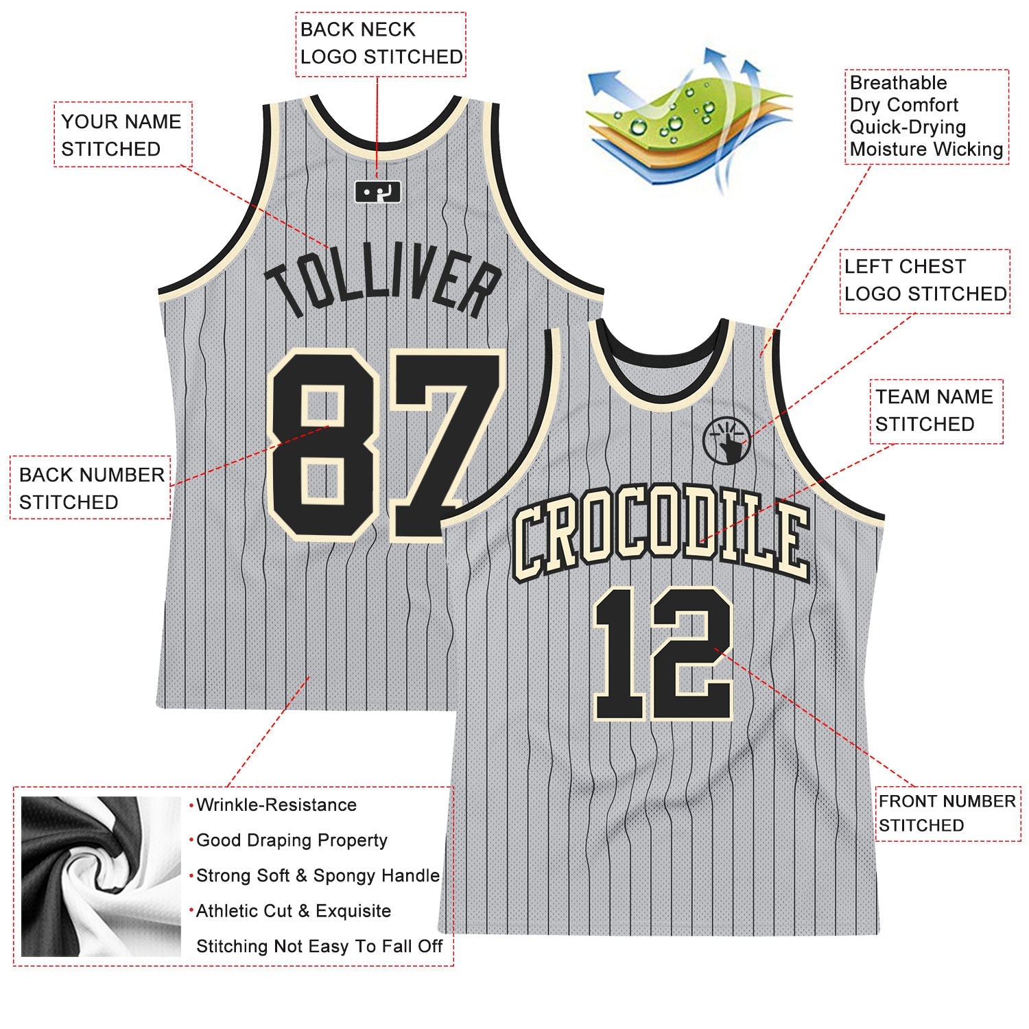 Custom Gray Black Pinstripe Black-Cream Authentic Basketball Jersey view 2