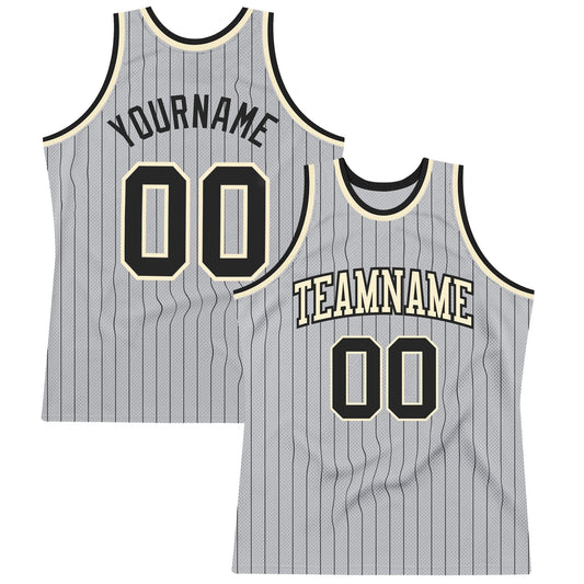 Custom Gray Black Pinstripe Black-Cream Authentic Basketball Jersey - Main View