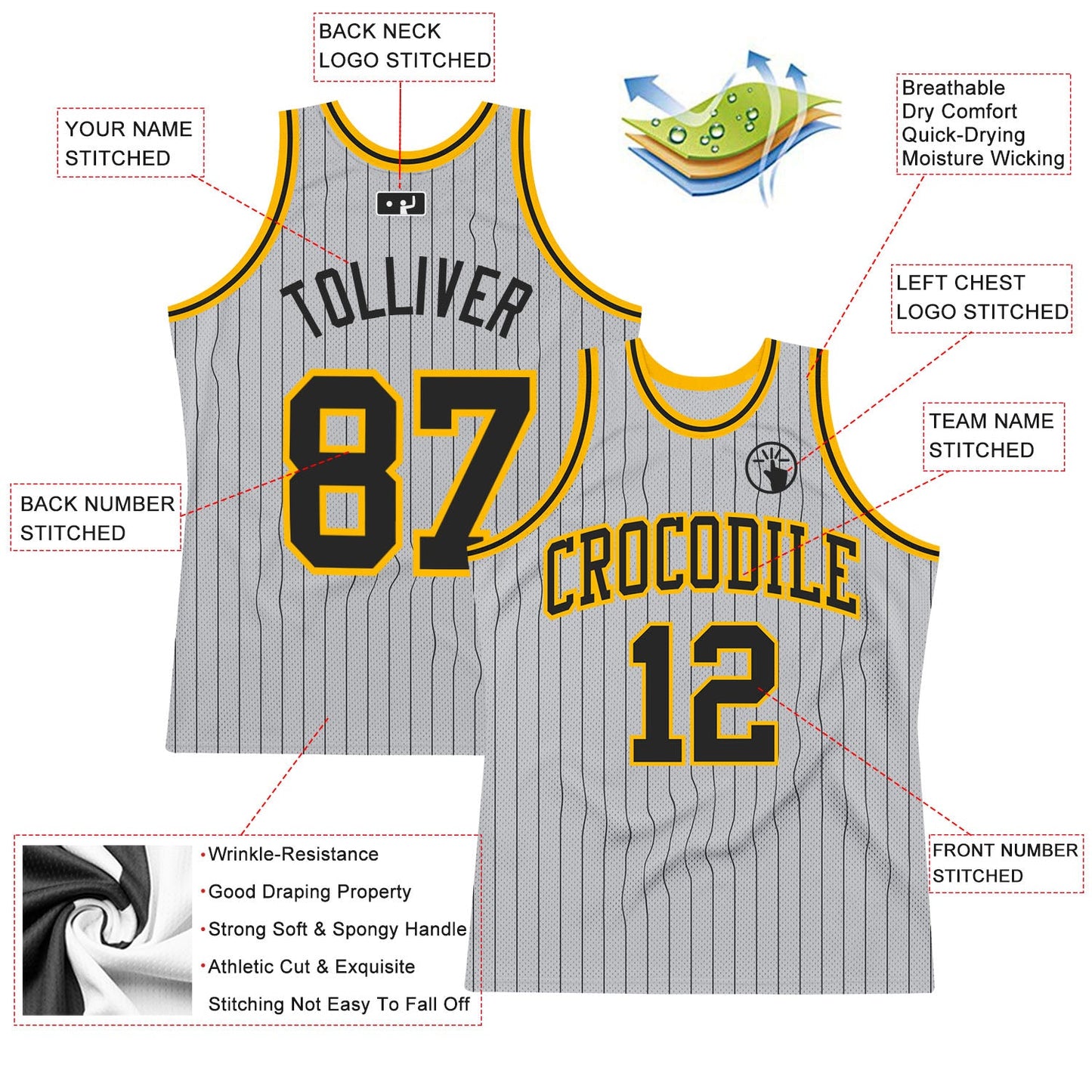 Custom Gray Black Pinstripe Black-Gold Authentic Basketball Jersey view 2