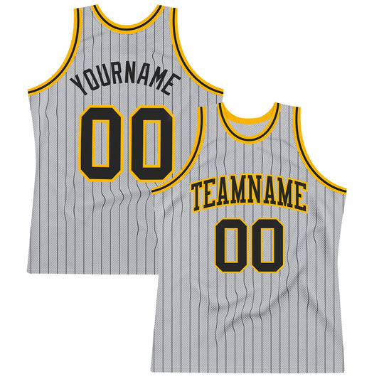 Custom Gray Black Pinstripe Black-Gold Authentic Basketball Jersey - Main View