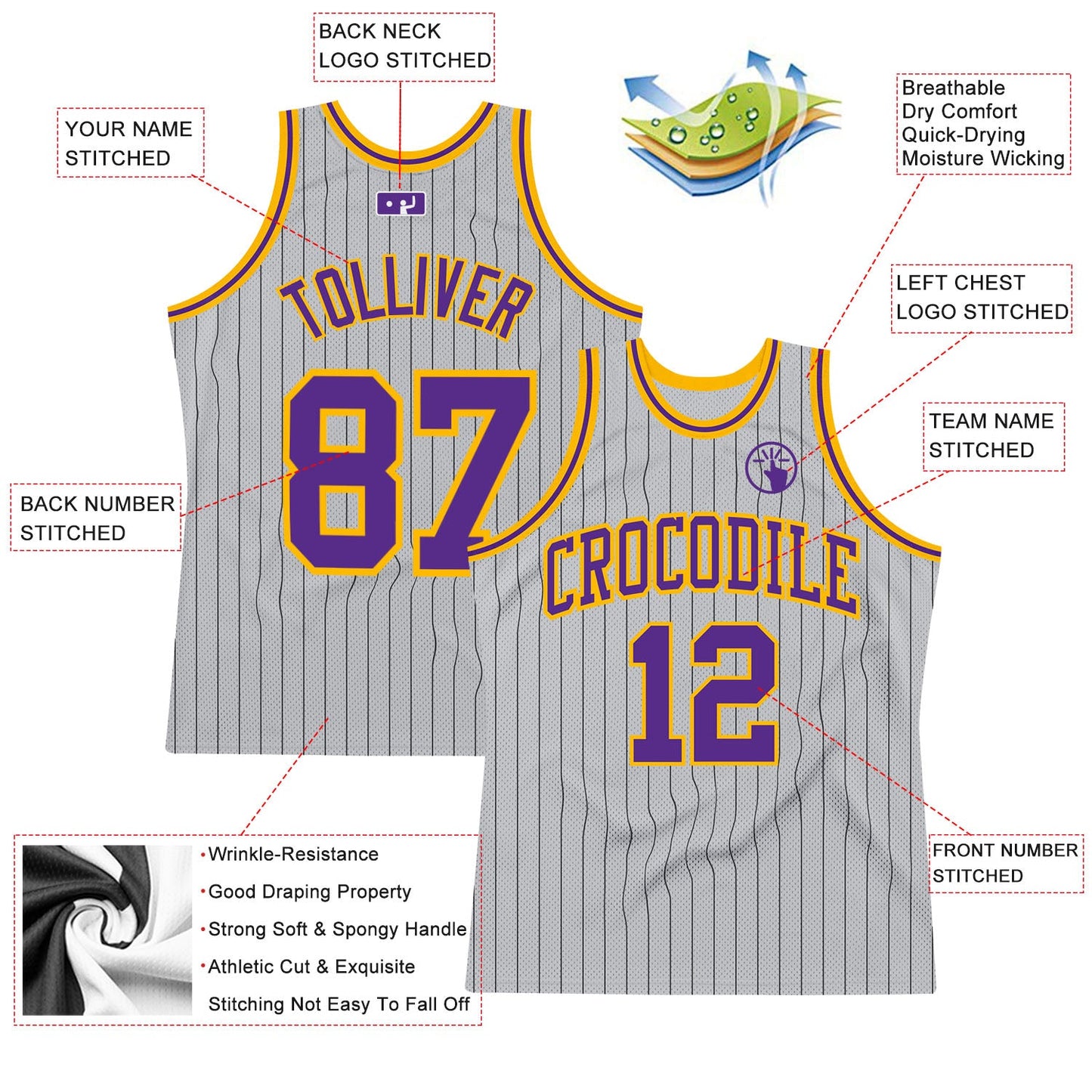 Custom Gray Black Pinstripe Purple-Gold Authentic Basketball Jersey view 2