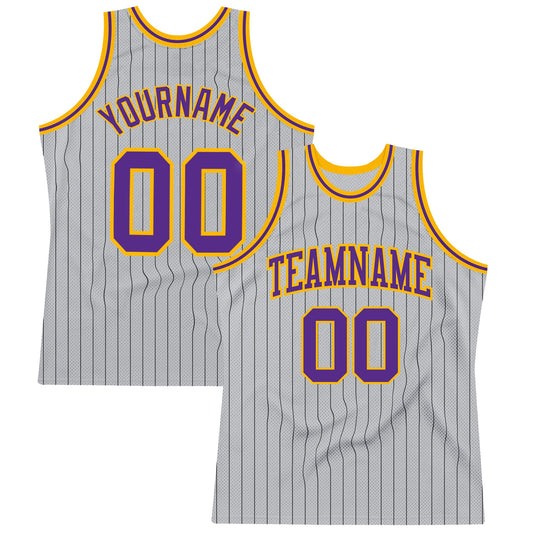 Custom Gray Black Pinstripe Purple-Gold Authentic Basketball Jersey - Main View