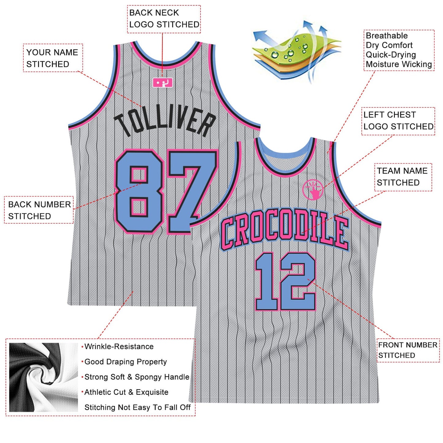 Custom Gray Black Pinstripe Light Blue-Pink Authentic Basketball Jersey view 2