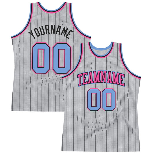 Custom Gray Black Pinstripe Light Blue-Pink Authentic Basketball Jersey - Main View