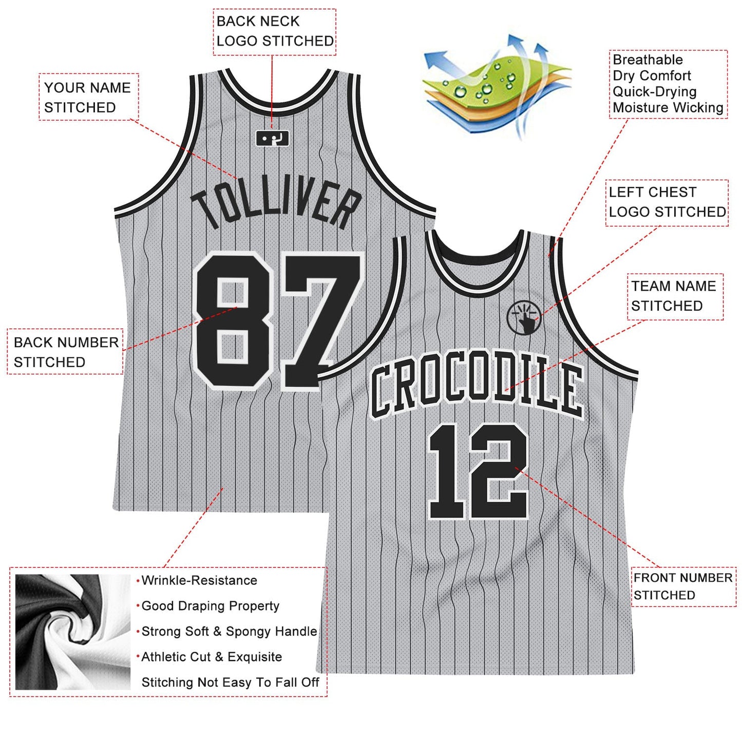 Custom Gray Black Pinstripe Black-White Authentic Basketball Jersey view 2