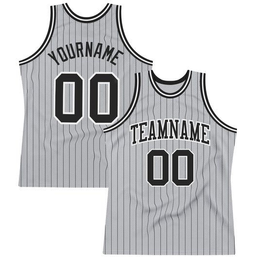 Custom Gray Black Pinstripe Black-White Authentic Basketball Jersey - Main View