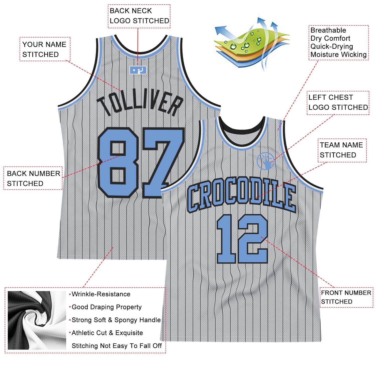 Custom Gray Black Pinstripe Light Blue Authentic Basketball Jersey view 2