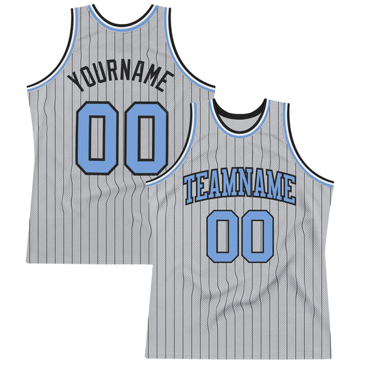 Custom Gray Black Pinstripe Light Blue Authentic Basketball Jersey - Main View