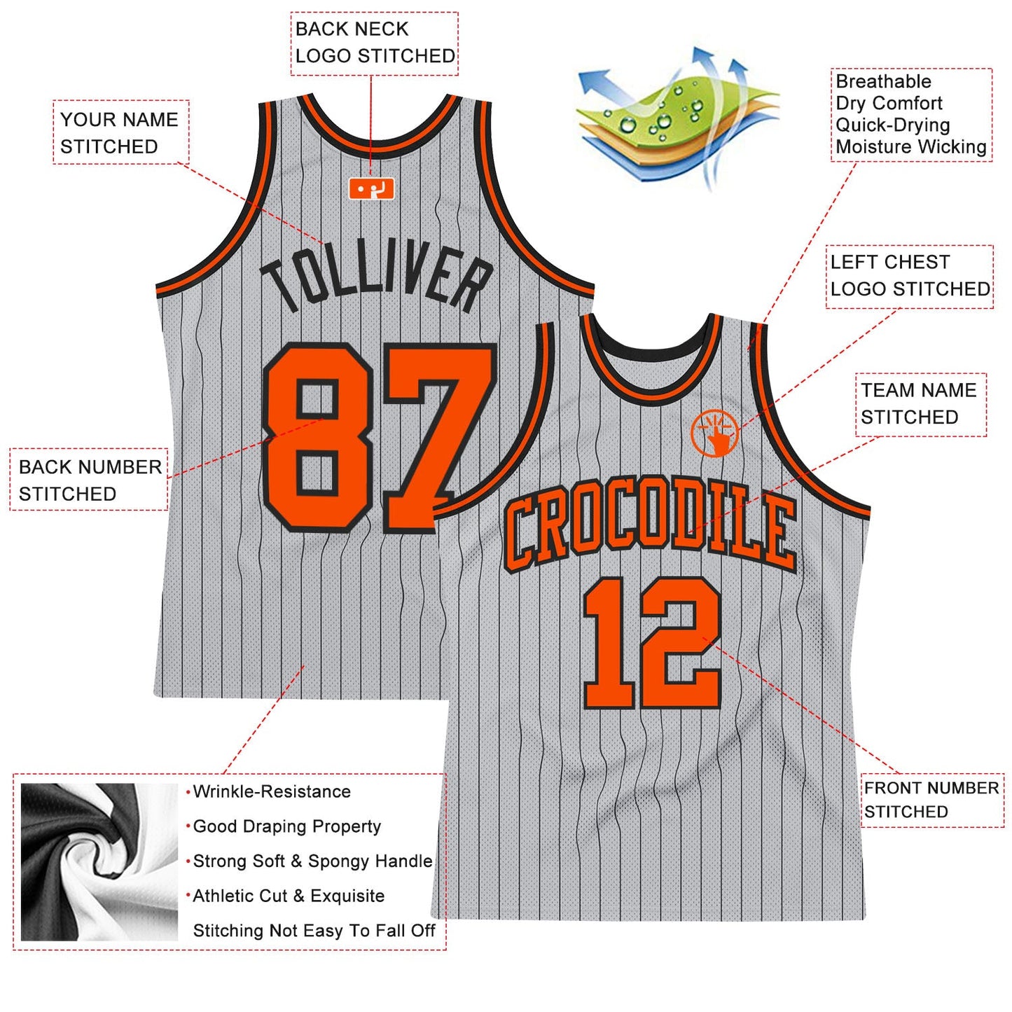 Custom Gray Black Pinstripe Orange Authentic Basketball Jersey view 2