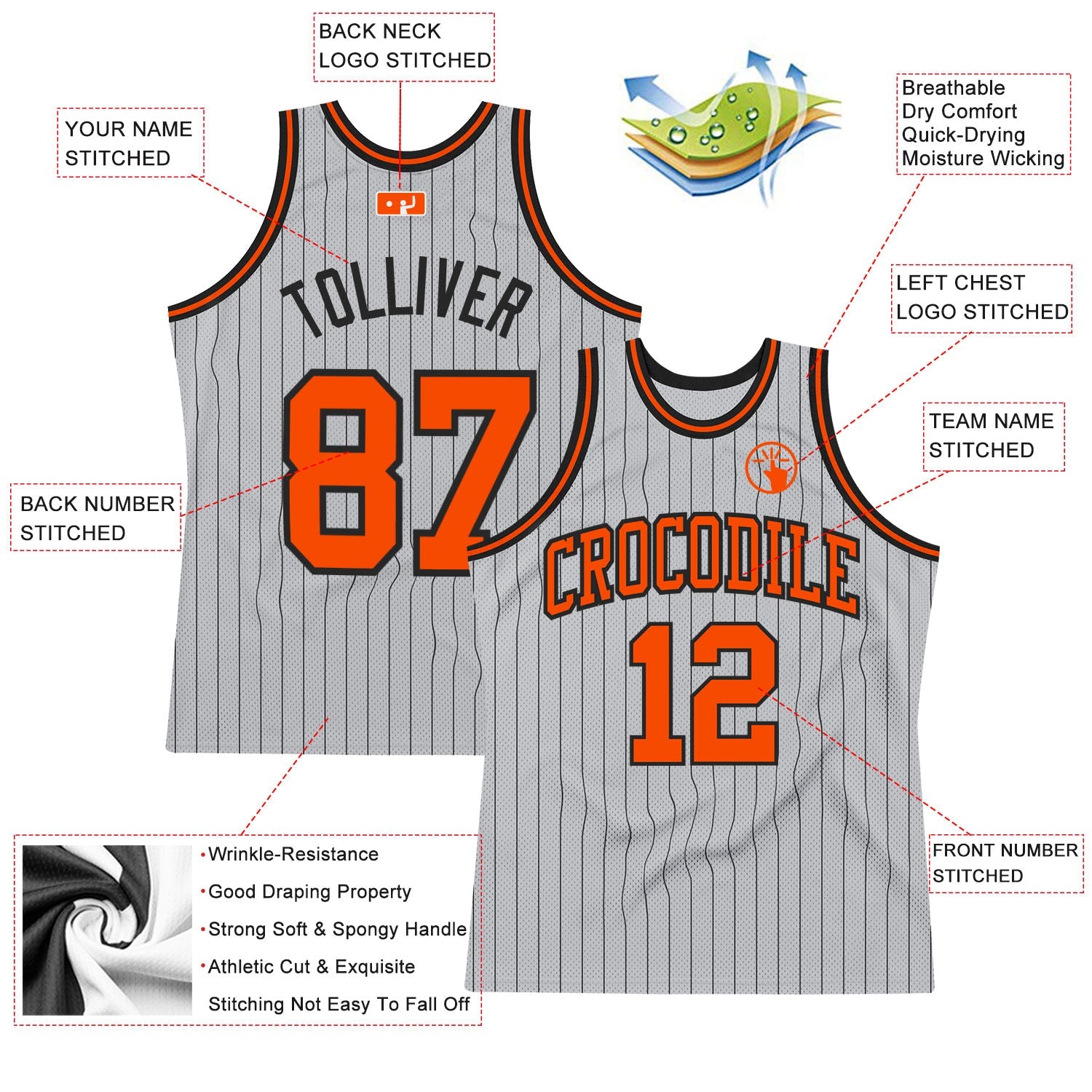 Custom Gray Black Pinstripe Orange Authentic Basketball Jersey view 2