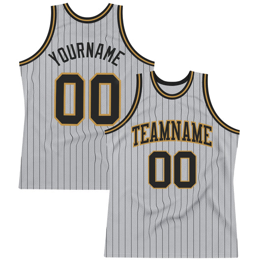 Custom Gray Black Pinstripe Black-Old Gold Authentic Basketball Jersey - Main View