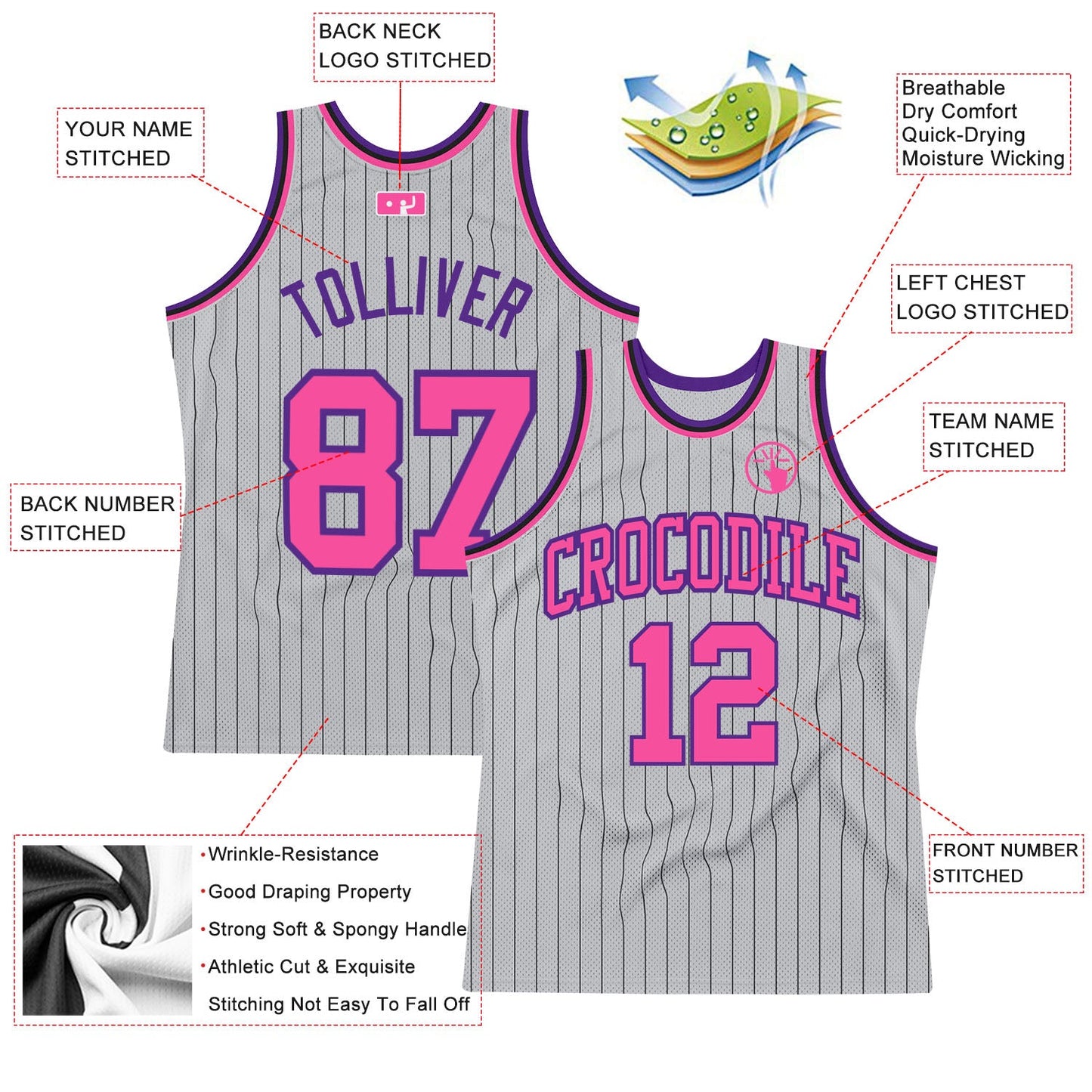 Custom Gray Black Pinstripe Pink-Purple Authentic Basketball Jersey view 2