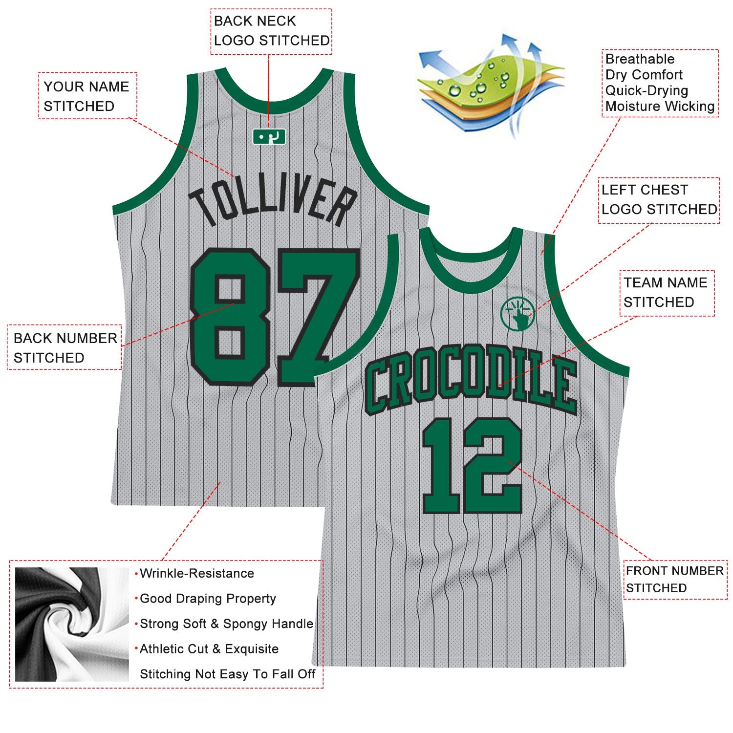 Custom Gray Black Pinstripe Kelly Green Authentic Basketball Jersey view 2