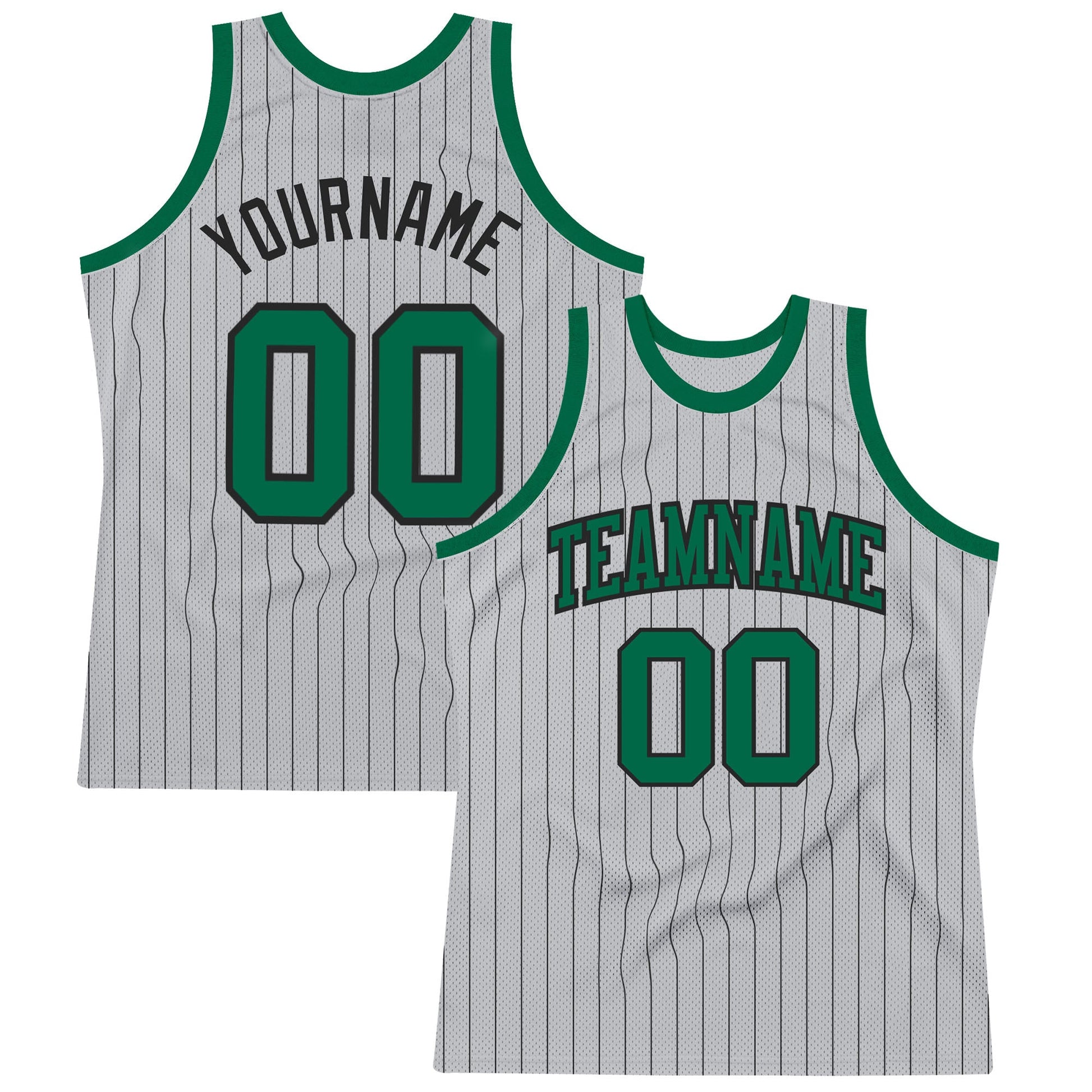 Custom Gray Black Pinstripe Kelly Green Authentic Basketball Jersey - Main View
