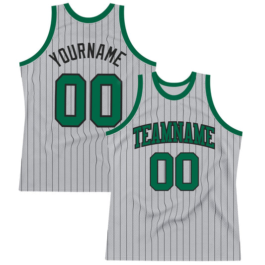 Custom Gray Black Pinstripe Kelly Green Authentic Basketball Jersey - Main View