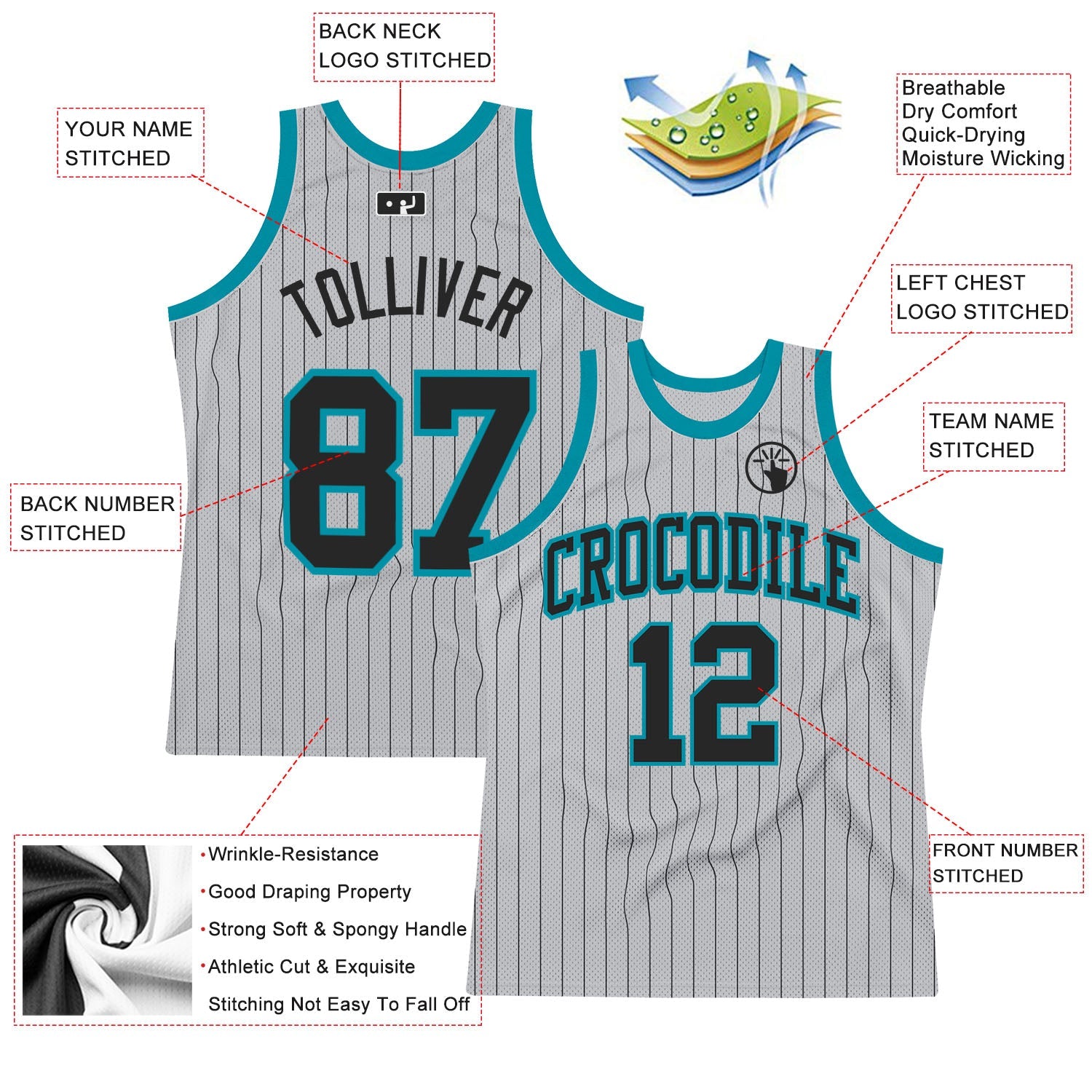 Custom Gray Black Pinstripe Black-Teal Authentic Basketball Jersey view 2