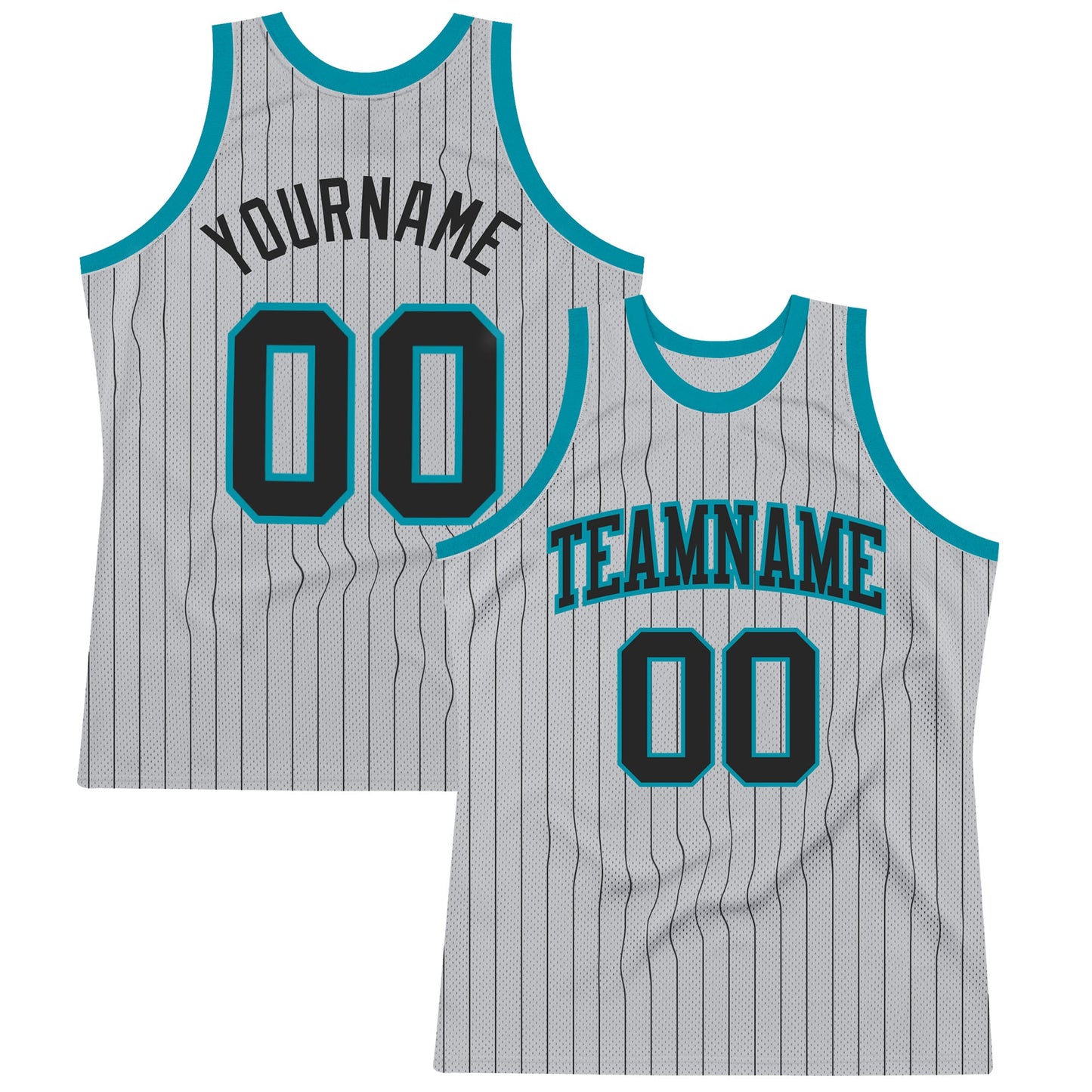 Custom Gray Black Pinstripe Black-Teal Authentic Basketball Jersey - Main View
